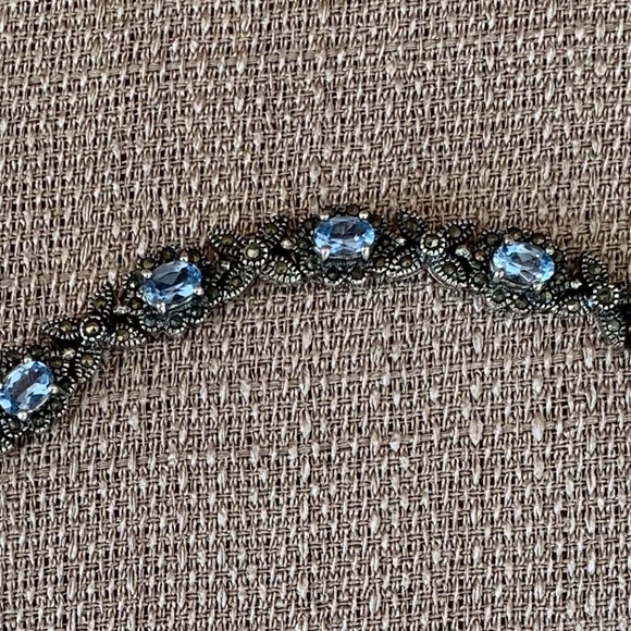 Vtg Stg Silver Aquamarine & Marcasite Bracelet - Picture 6 of 9